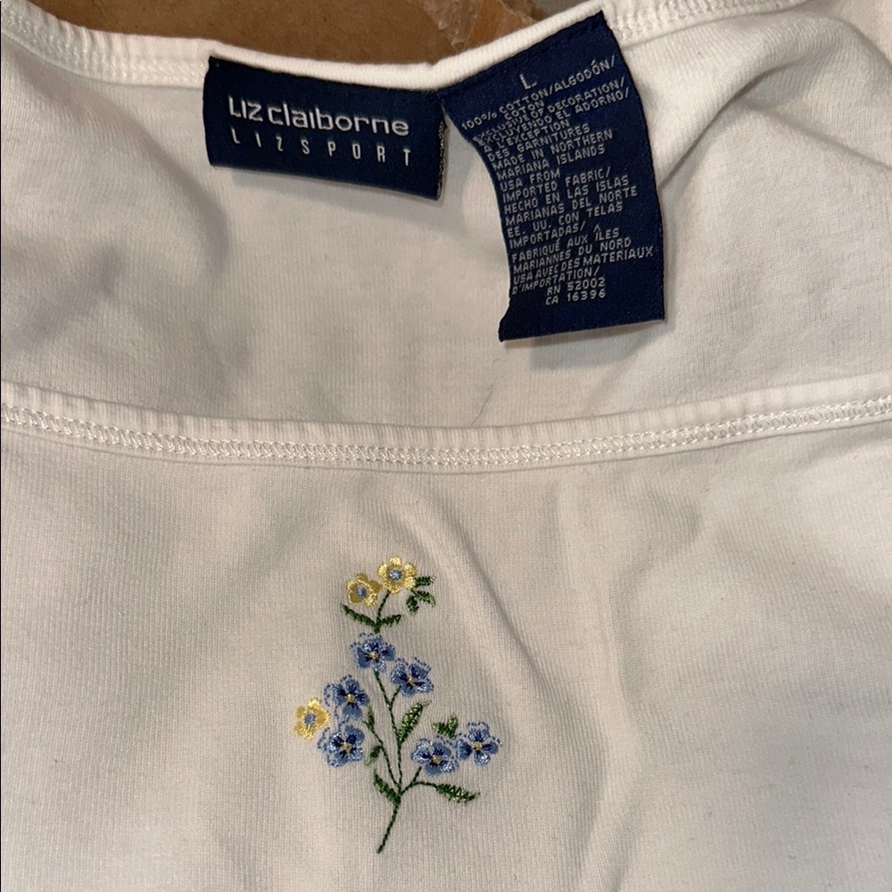 Liz Claiborne White Tank with Blue and Yellow Floral Embroidery